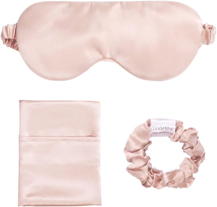 Juego de antifaz de seda para dormir, coleteros de seda para el cabello y bolsas de seda para la piel de los ojos y dormir, 100% seda de morera pura
