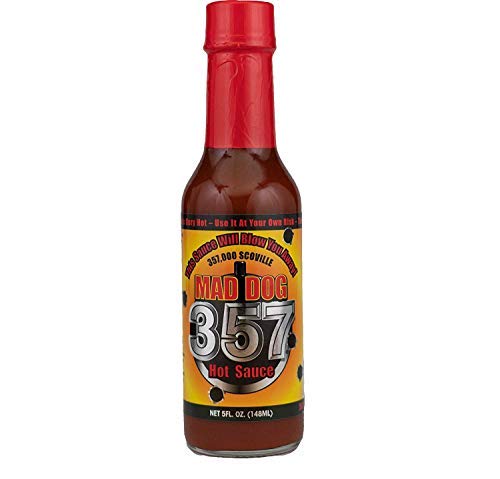 Mad Dog 357 Salsa picante, hecha con 3 millones de extracto de pimienta Scoville, 357,000 Scoville, 5 onzas.