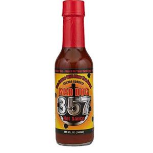 Mad Dog 357 Salsa picante, hecha con 3 millones de extracto de pimienta Scoville, 357,000 Scoville, 5 onzas. Mad Dog 357 Salsa picante, hecha con 3 millones de extracto de pimienta Scoville, 357,000 Scoville, 5 onzas.