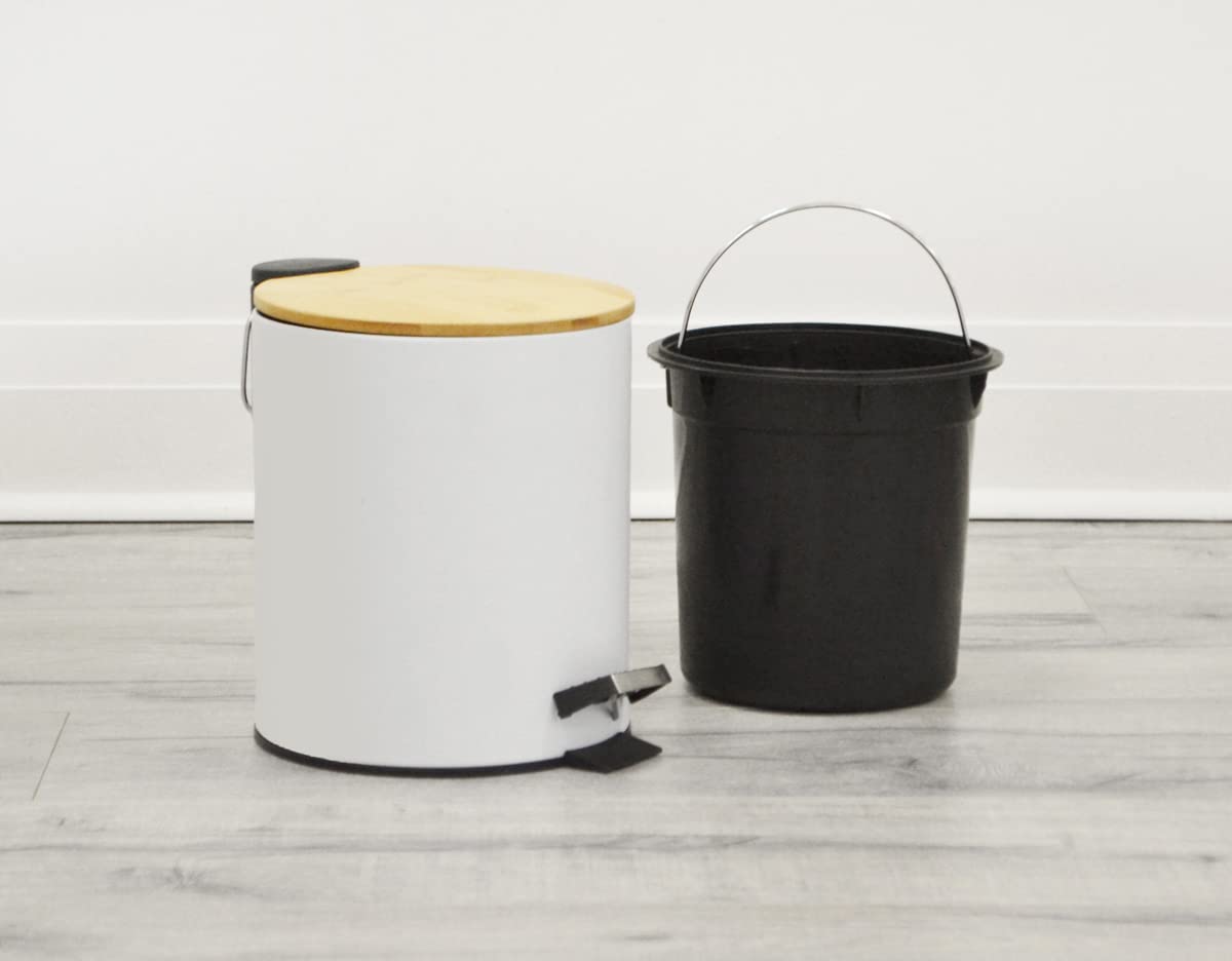 AQ Cubo de basura redondo de metal de 5 litros1.3 galones con forro extraíble y tapa de cierre suave, cubo de basura pequeño con pedal de basura