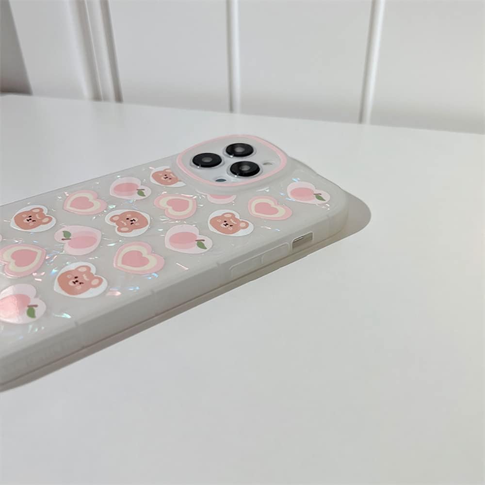 Fycyko Funda compatible con iPhone 15 Pro Max con cadena, bonita funda estética con diseño de corazón y oso con dije de perla para iPhone 15 Pro Max