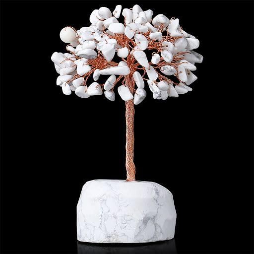 YATOJUZI Árbol de cristales de howlita blanca, base de piedras preciosas naturales, alambre de cobre, árbol de la vida para energía positiva, Reiki,