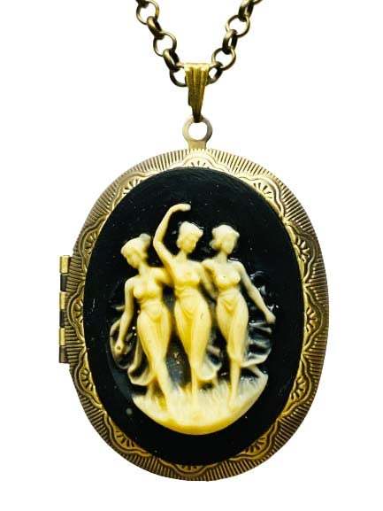 Black and Ivory Three Graces Cameo Locket Necklace
