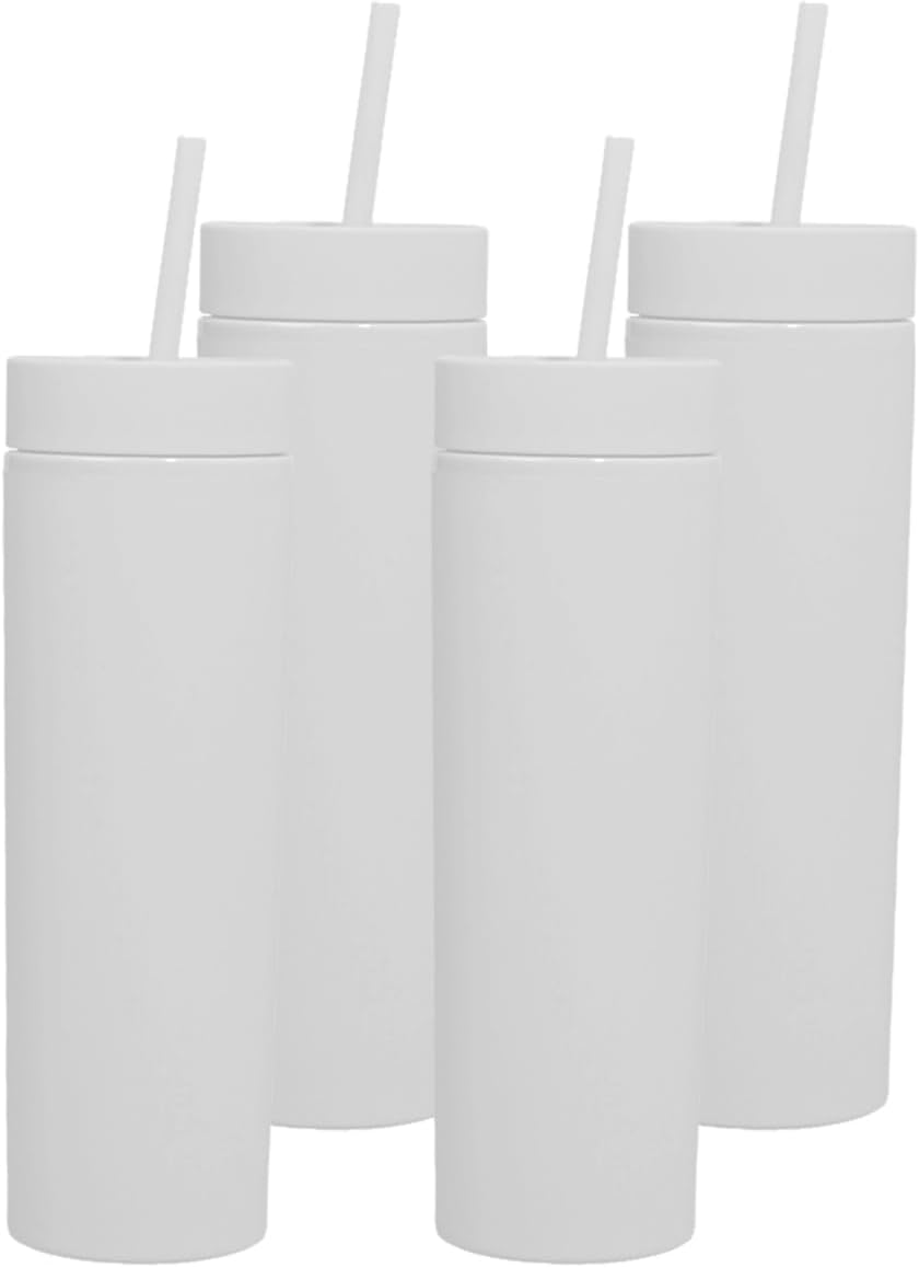 Vasos delgados con tapas y pajitas a granel. Vasos delgados de color blanco mate con pajitas. Juego de vasos delgados de acrílico de doble pared de