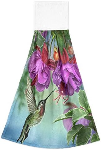 Toallas de mano de colibrí con flores para cocina, toalla absorbente de color morado fucsia para colgar con lazo, juego de 2 piezas de ropa de