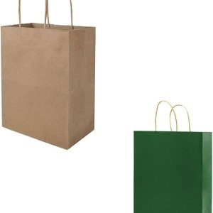 bagmad Cada 100 bolsas de papel de regalo marrón y verde de 8 x 4.75 x 10 pulgadas con asas bagmad Cada 100 bolsas de papel de regalo marrón y verde de 8 x 4.75 x 10 pulgadas con asas