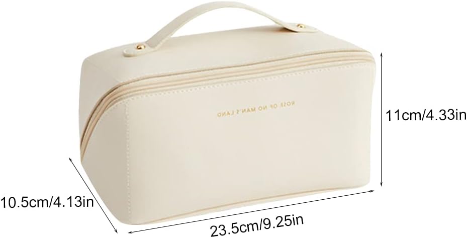 Bolsa de cosméticos de viaje de gran apertura, bolsa de maquillaje de piel sintética, bolsa de maquillaje de viaje portátil para mujer con asa y
