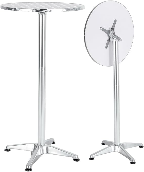BTEXPERT Mesa de bar de restaurante de aluminio plateado para interiores y exteriores, 23.75 pulgadas, muebles de acero inoxidable para patio, base