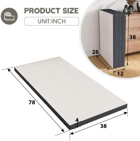Colchón plegable individual XL de tres pliegues, lujosa cama de espuma viscoelástica de 4 pulgadas, perfecto para dormitorios universitarios y