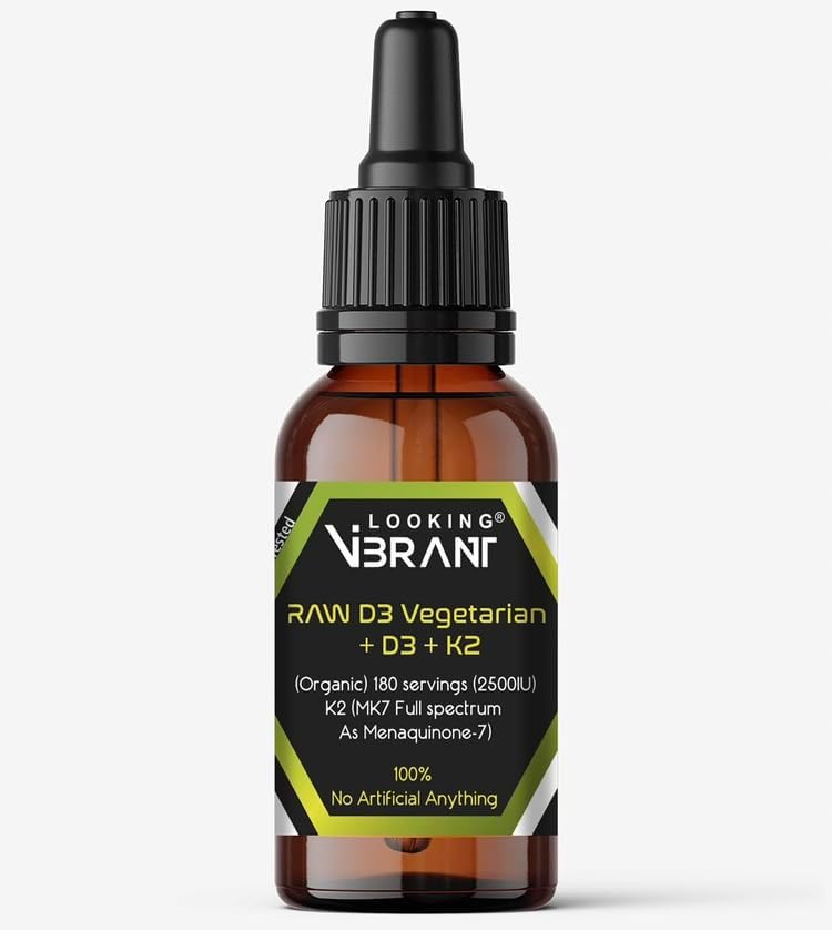 LOOKINGVIBRANT Vitamina D3 + K2 (MK-7) Gotas líquidas con aceite MCT y aceite de oliva, vegetariano, sin OMG, sin soja, sin gluten, sin alcohol, 1