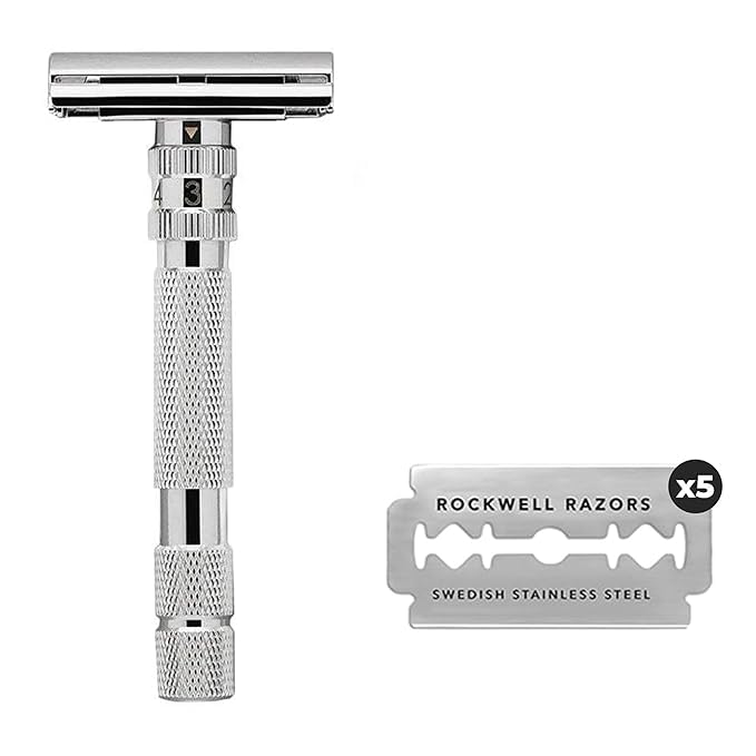 ROCKWELL RAZORS Maquinilla de afeitar de seguridad de mango largo T2 con ajustes de afeitado infinitos, 5 cuchillas y bolsa de cuero de viaje, cromo