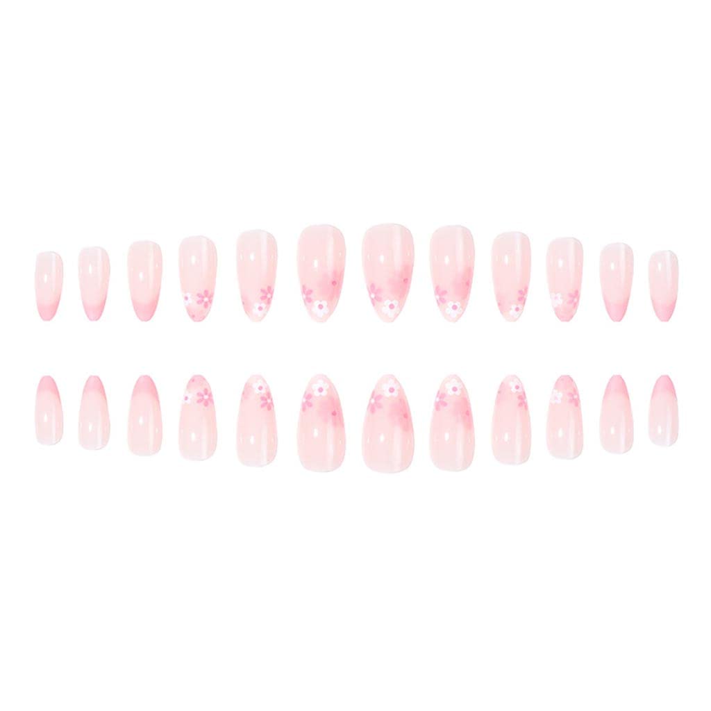RikView Uñas postizas a presión con punta francesa, uñas medianas para mujer, uñas acrílicas de almendra, uñas rosadas con diseño de flores