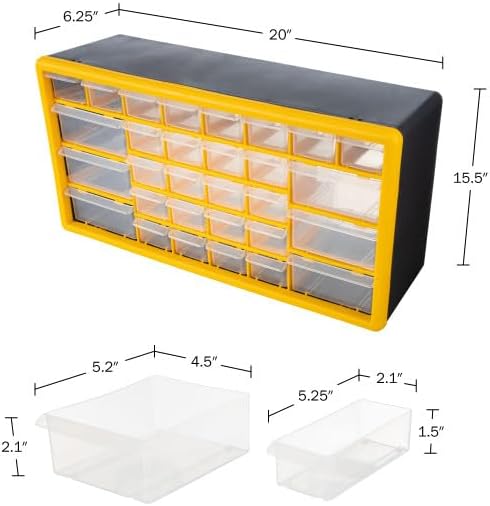 Stalwart Organizador de piezas pequeñas de 30 cajones, 19.6 x 6.25 x 9.75 pulgadas, amarillo