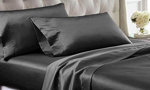 Bedify Bedding Sábana bajera de satén de seda 100% pura, 4 piezas, sábana bajera de bolsillo profundo de 15 pulgadas, sábana encimera de seda y