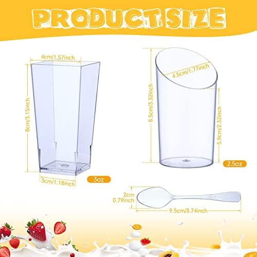 Mini tazas de postre de plástico con cucharas que incluyen tazas cuadradas de 3 onzas para aperitivos de 2.5 onzas, tazas redondas inclinadas para