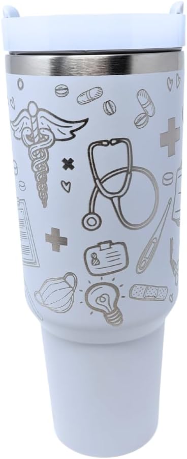 Vaso de acero inoxidable de doble pared de 40 onzas, con tapa y popote (niebla, cuidado de la salud)