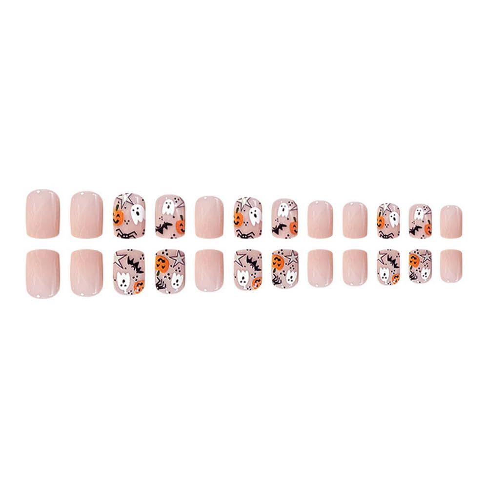 Uñas postizas a presión de Halloween, uñas postizas cuadradas cortas con telaraña, lindo diseño de estrella fantasma, uñas acrílicas, color rosa