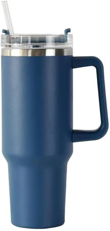 Vaso de 40 onzas con asa y pajita, vaso aislado de viaje para bebidas calientes y frías, termo de viaje, taza de café de acero inoxidable (azul