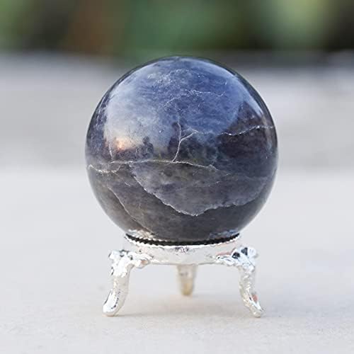 Crocon Bola de esfera de piedra de iolita de 1.772 in con soporte de metal, más de 1400 quilates, bola de piedras preciosas curativas, escultura