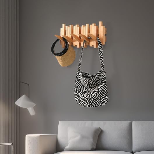 Perchero de madera natural para piano de pared  Perchero de pared  Perchero de pared abatible con 5 ganchos  Almacenamiento de pared de entrada con