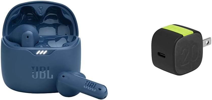 JBL Tune Flex – Auriculares inalámbricos con cancelación de ruido (azul) e InfinityLab InstantCharger 20W 1 USB compacto USB-C PD cargador (negro)