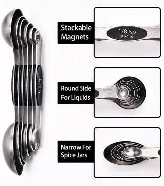 SOL – Juego de utensilios de cocina de acero inoxidable, cucharas medidoras magnéticas de acero inoxidable, juego de 7 piezas con cucharas medidoras