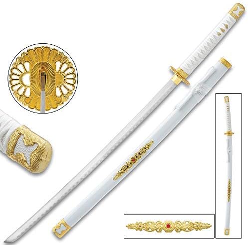 Katana de loto blanco con vaina de madera brillante, hoja de acero de alto carbono, mango de madera, envoltura de cables, accesorios de aleación de
