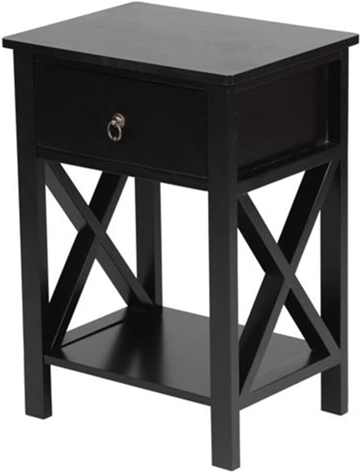 Mesita de noche negra con cajón y 1 estante de almacenamiento, mesa auxiliar pequeña, mesita de noche de madera moderna con 1 cajón y