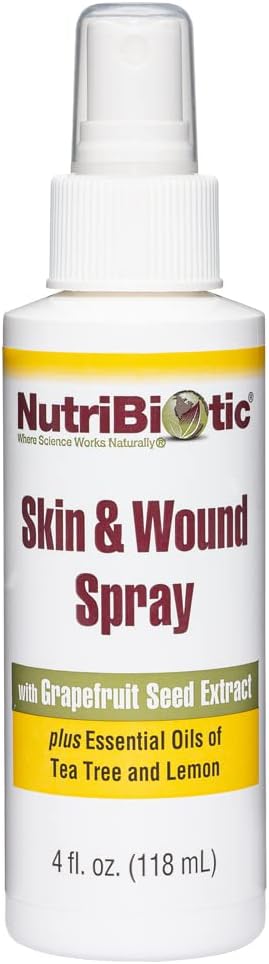 NutriBiotic Spray para piel y heridas con GSE, 4 onzas líquidas, extracto de semilla de pomelo más aceites esenciales de árbol de té y limón, ayuda