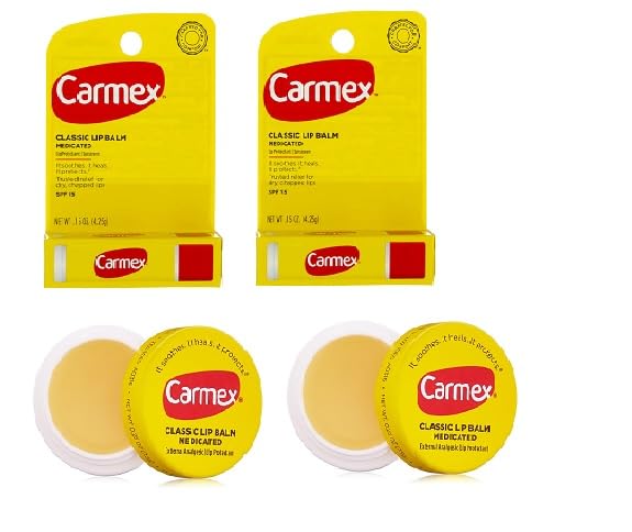 Carmex – Bálsamo labial clásico medicado, paquete de 4, hidratante labial para labios secos agrietados. Palitos clásicos Carmex de 0.15 onzas, (2