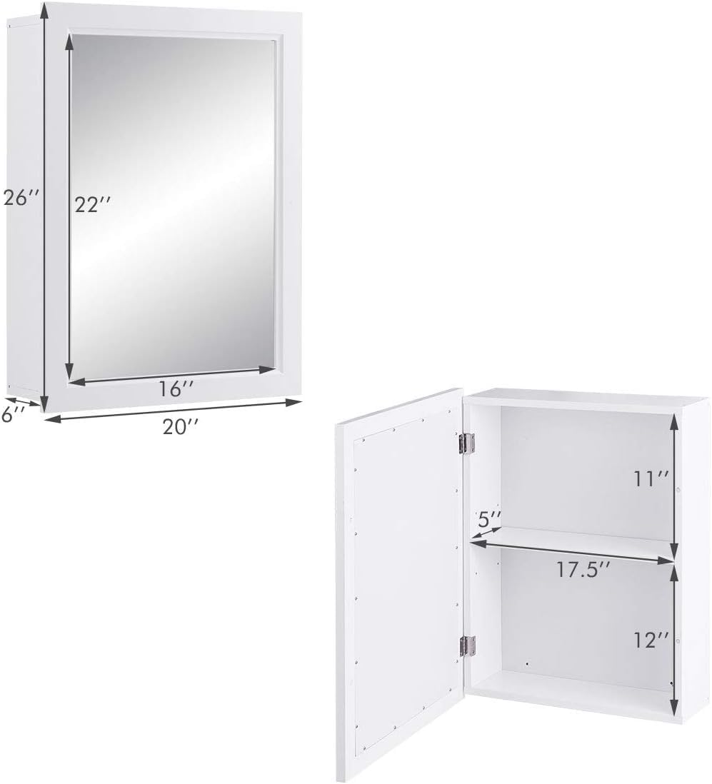 GOFLAME Botiquín de baño, armario de almacenamiento con espejo de montaje en pared con una sola puerta y estante ajustable, organizador de madera