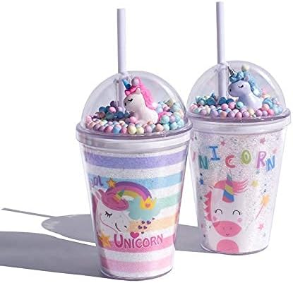 Vasos de unicornio con pajita para fiestas infantiles, vasos de viaje, tazas de café helado, vaso de plástico reutilizable, botella de agua Gfit