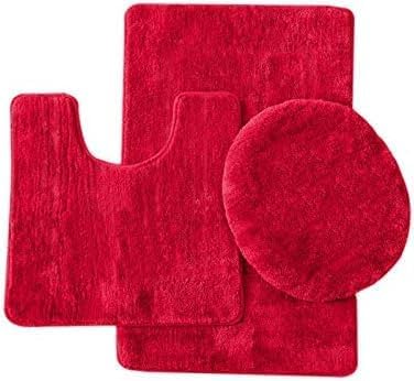 Juego de 3 alfombras de baño sólidas que incluye alfombra de baño, tapete de contorno y tapa de inodoro (rojo)