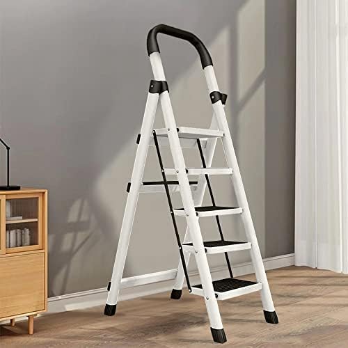 HDHNBA Escalera portátil blanca y negra, taburete plegable con pedal antideslizante ancho, escalera ligera de capacidad de carga de 330 libras,