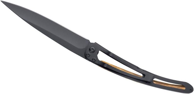 deejo – Serrado 1.3 onzas, madera de olivo, titanio negro, pacífico – Cuchillo plegable de bolsillo ultraligero con clip para cinturón – Acero