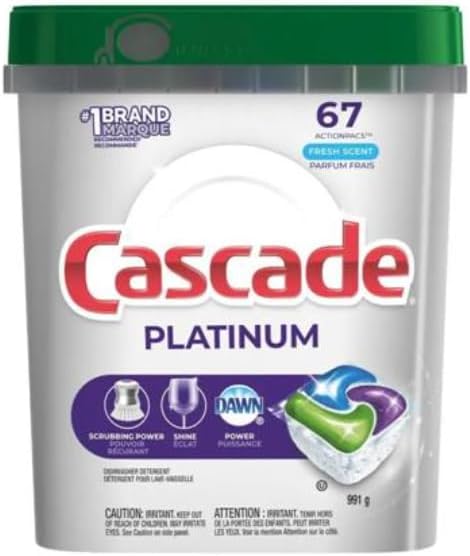 Cascade Platinum Cápsulas de detergente para lavavajillas, aroma fresco, paquete de 67 unidades para platos limpios y brillantes