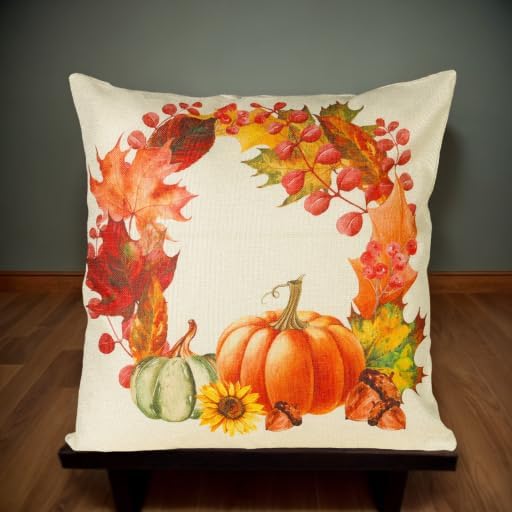 Fundas de almohada decorativas de otoño de 18 x 18 pulgadas, calabazas, hojas de arce, casa de campo, lino otoñal, fundas de almohada para el hogar,