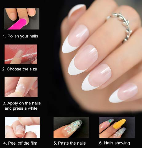 iBeautying – Uñas postizas a presión blancas y rosas francesas, uñas postizas con acabado de gel UV, uñas postizas reutilizables con purpurina