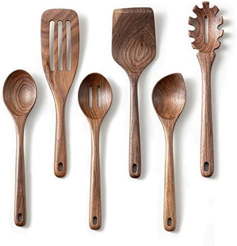 Gudamaye Cucharas de madera de nogal negro de 12 pulgadas para cocinar, 6 cucharas largas de madera Handel, utensilio de madera de nogal negro