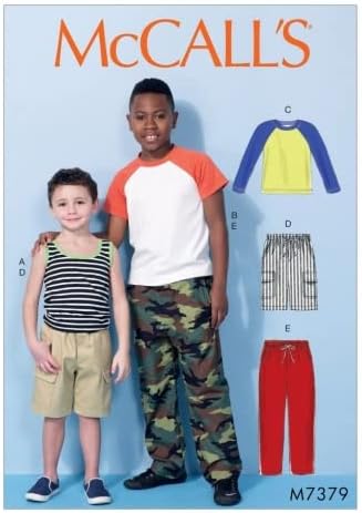 McCalls Niños Fácil de patrón de costura para 7379Raglan Sleeve & Tank Tops, pantalones cortos cargo & Pantalones