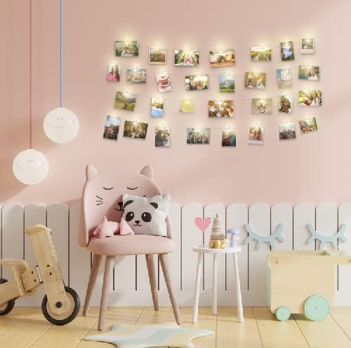 Cadena de luces con clip para fotos (16.4 ft, 50 LED, 30 clavijas), funciona con pilas, luz de hadas colgante para dormitorio