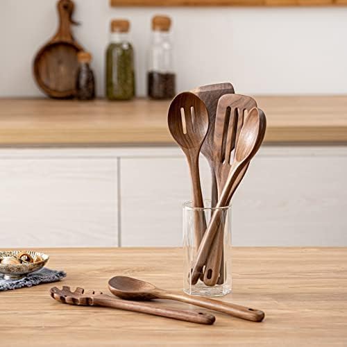 Gudamaye Cucharas de madera de nogal negro de 12 pulgadas para cocinar, 6 cucharas largas de madera Handel, utensilio de madera de nogal negro