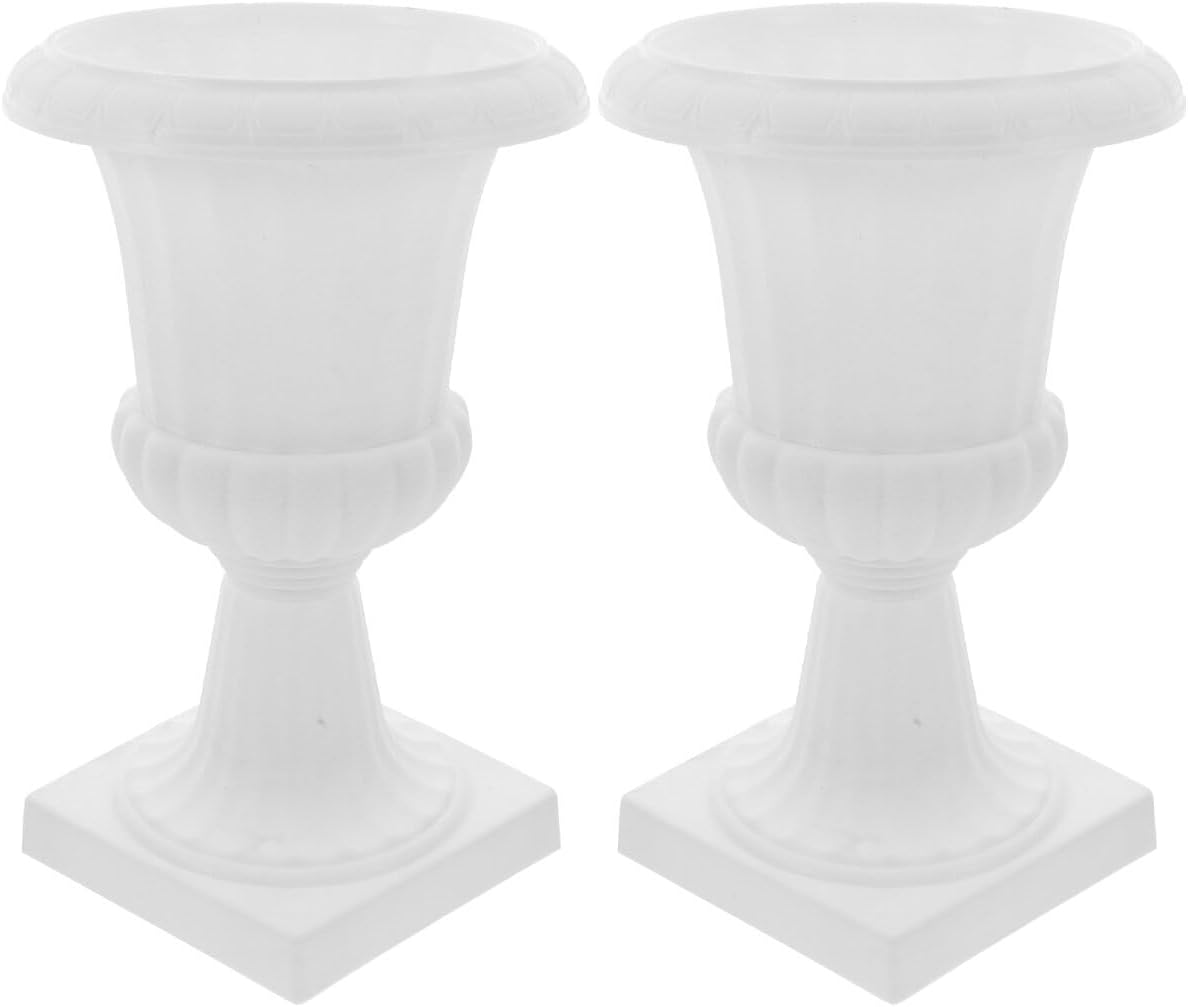 Yardwe 2 macetas de urna, maceta de plástico con pedestal blanco, contenedor de flores retro, maceta de boda para jardín, porche, balcón