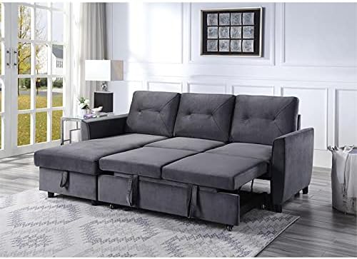Bowery Hill Sofá cama reversibleseccional de terciopelo gris oscuro con diván de almacenamiento