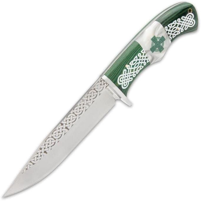Timber Wolf Celtic Legend – Cuchillo de hoja fija con vaina, hoja de acero inoxidable 3CR13, mango de madera verde Kelly, protector de acero