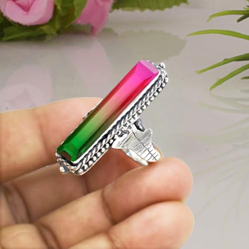 Watermelon Tourmaline Gemstone Ring 925 Sterling Silver Multicolor Stone Ring Handmade Long Rectangle Bar Ring For Women Elegant Tourmaline Jewelry