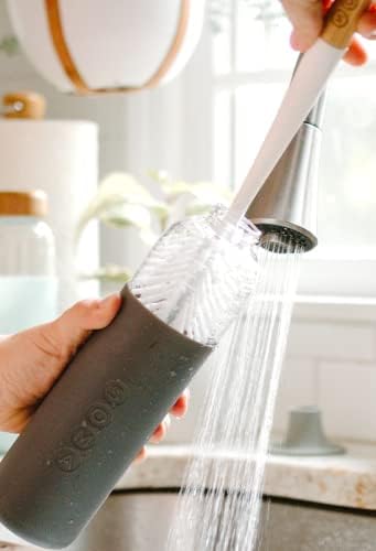 SOMA Cepillo largo para botellas de cabeza curva con soporte de silicona y mango de bambú, 14 pulgadas, gris