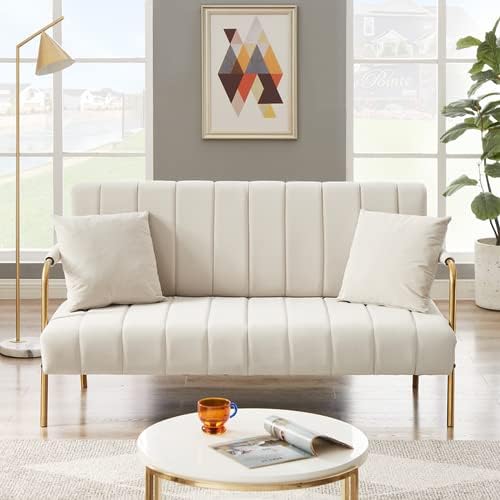 Sofá biplaza de terciopelo con 2 almohadas, sofá de tela con patas de metal para espacios pequeños, sofá modular suave de 2 asientos para sala de