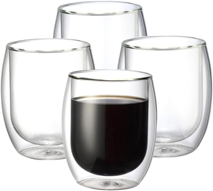 Juego de tazas de té de café de vidrio transparente, para café expreso, leche, cerveza, jugo, postre, doble capa, regalo para cumpleaños, 8.1 onzas,