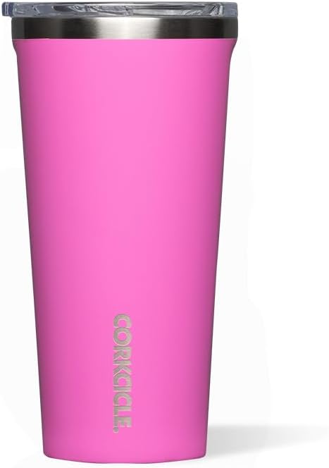 Corkcicle Taza de café clásica con triple aislamiento con tapa, rosa Miami, 24 onzas, vaso de viaje de acero inoxidable mantiene las bebidas frías